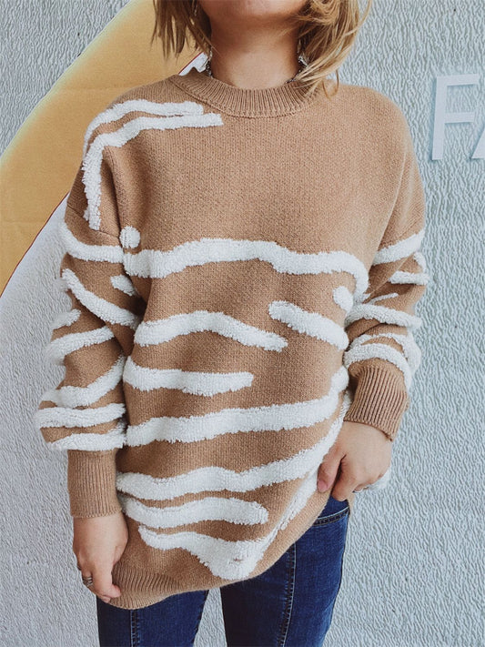 Contrast Round Neck Long Sleeve Sweater Stylish