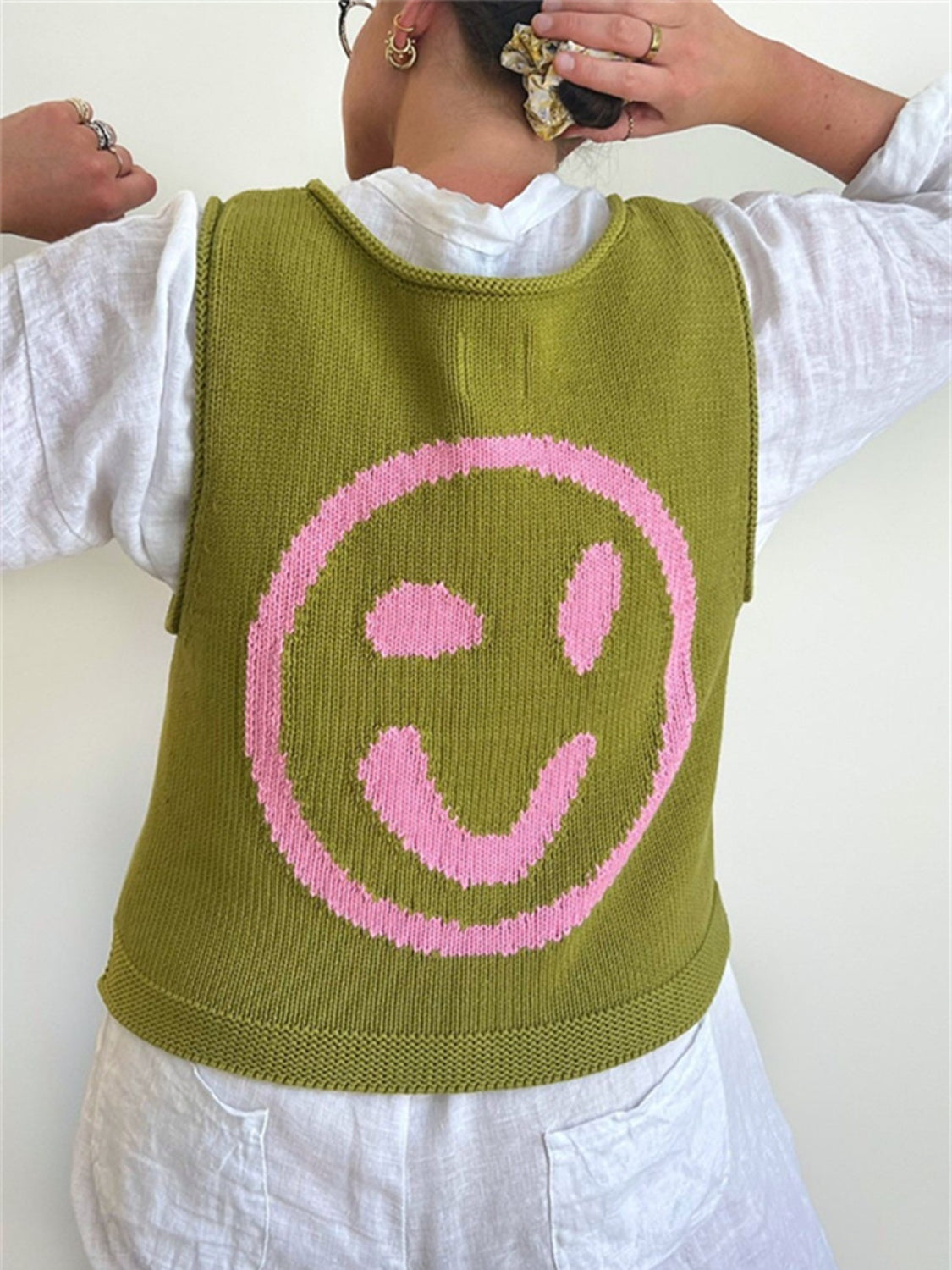 Smiley Round Neck Sweater Vest-Comfortable