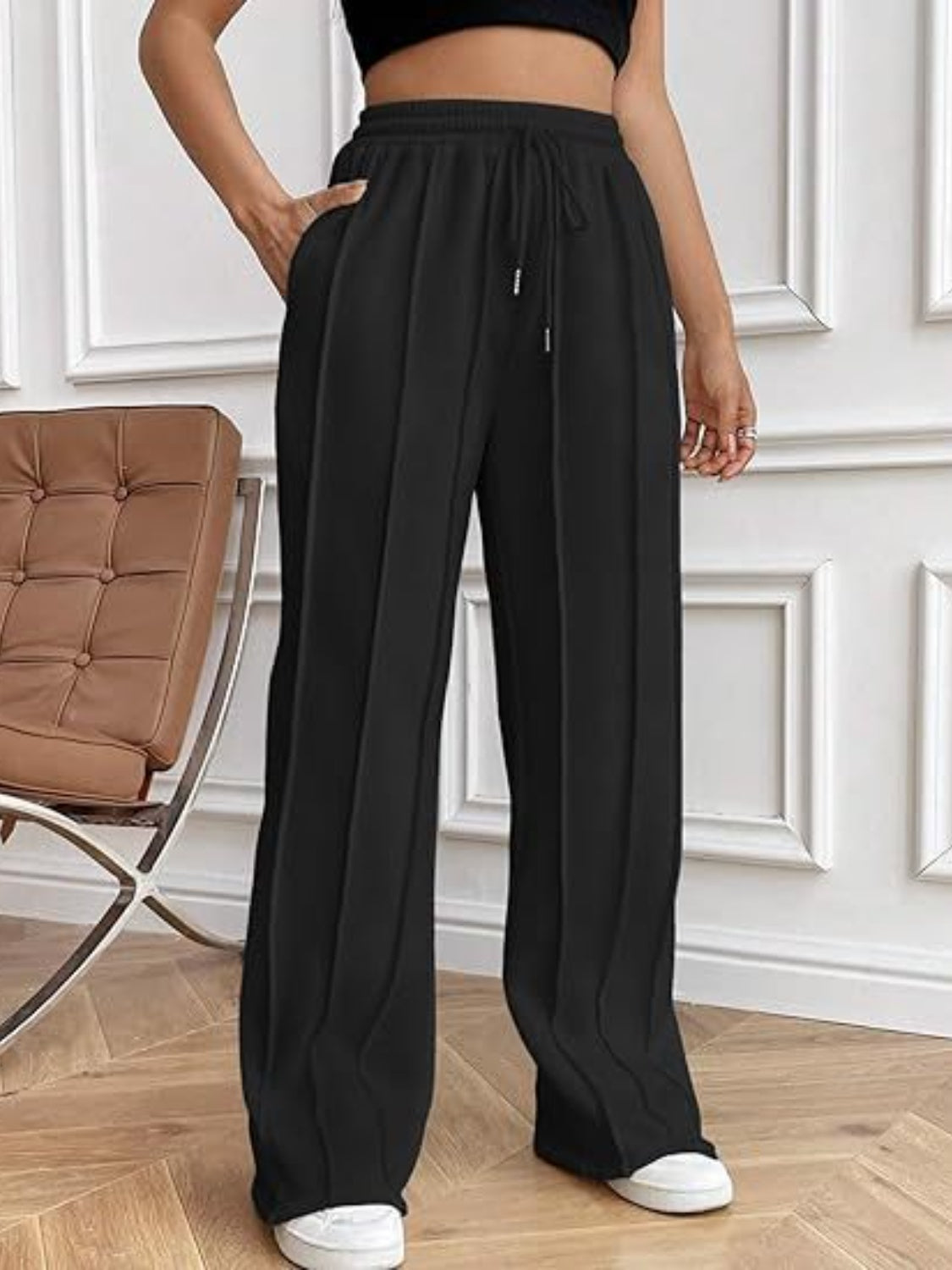 Drawstring Wide Leg Pants with Pockets-Comfortable