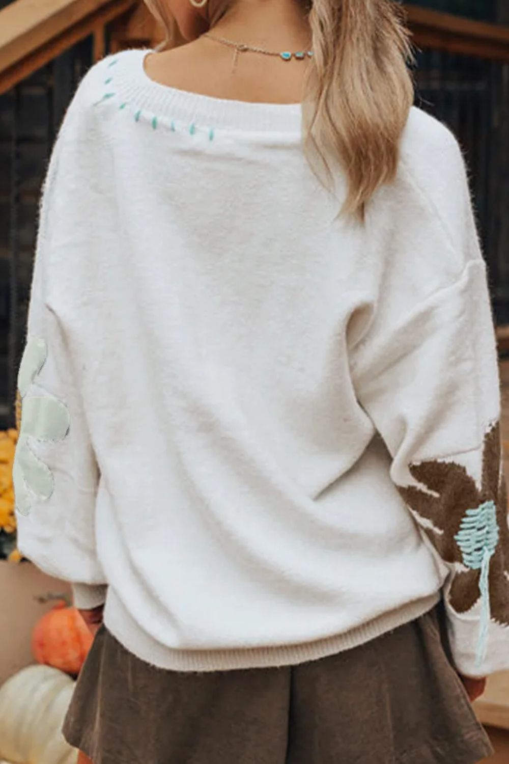 Flower V-Neck Dropped Shoulder Sweater Stylish