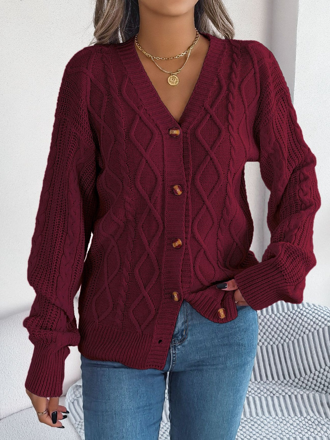 Cable-Knit Long Sleeve Cardigan - Stylish