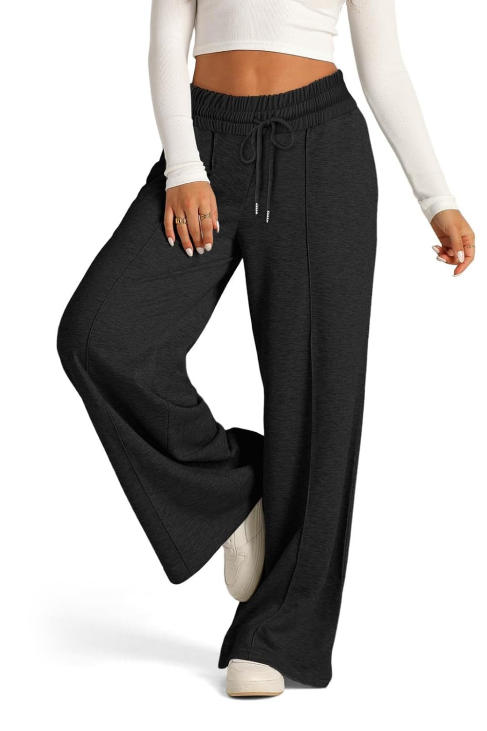 Drawstring Elastic Waist - Wide Leg Pants