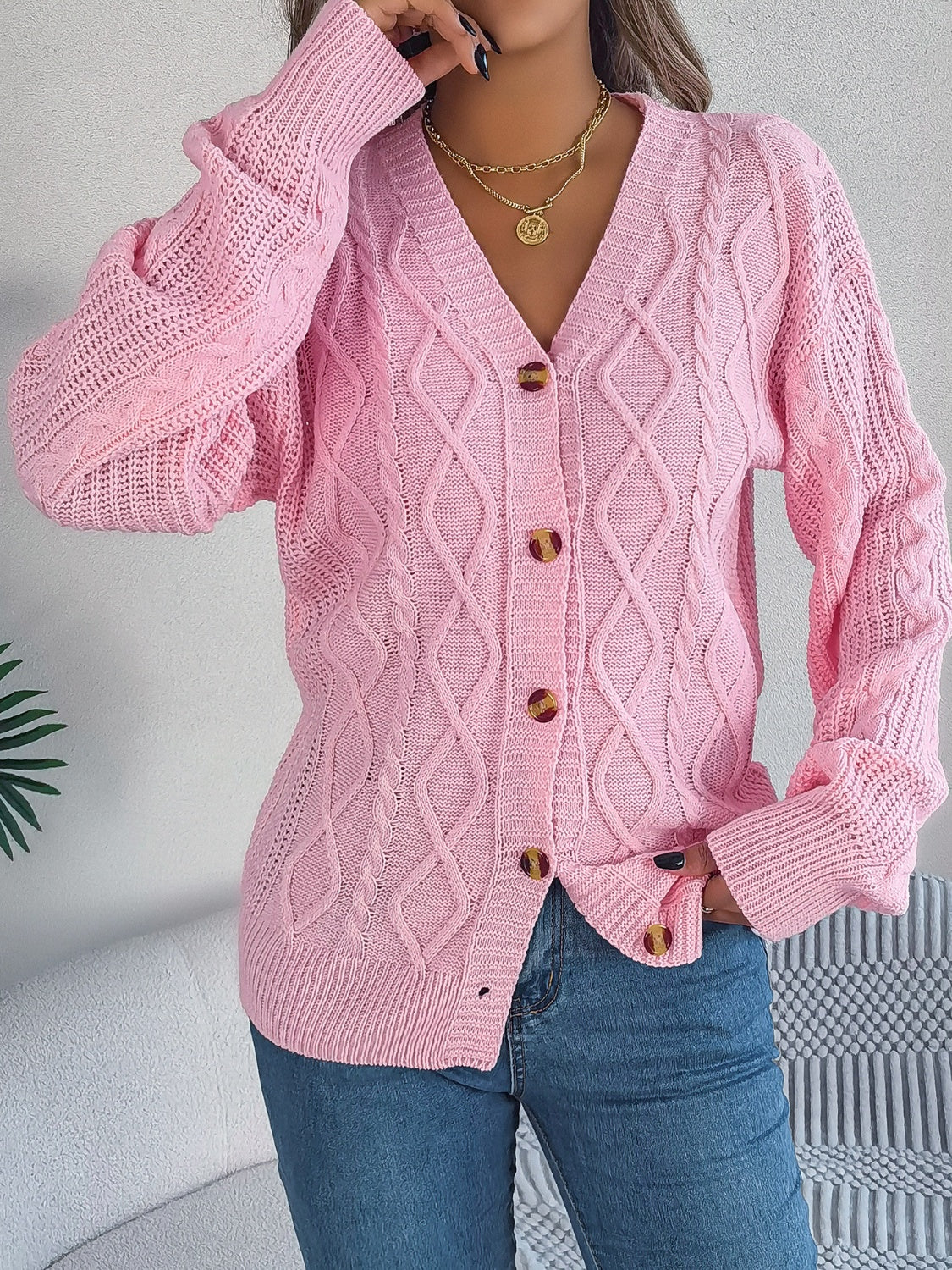 Cable-Knit Long Sleeve Cardigan - Stylish