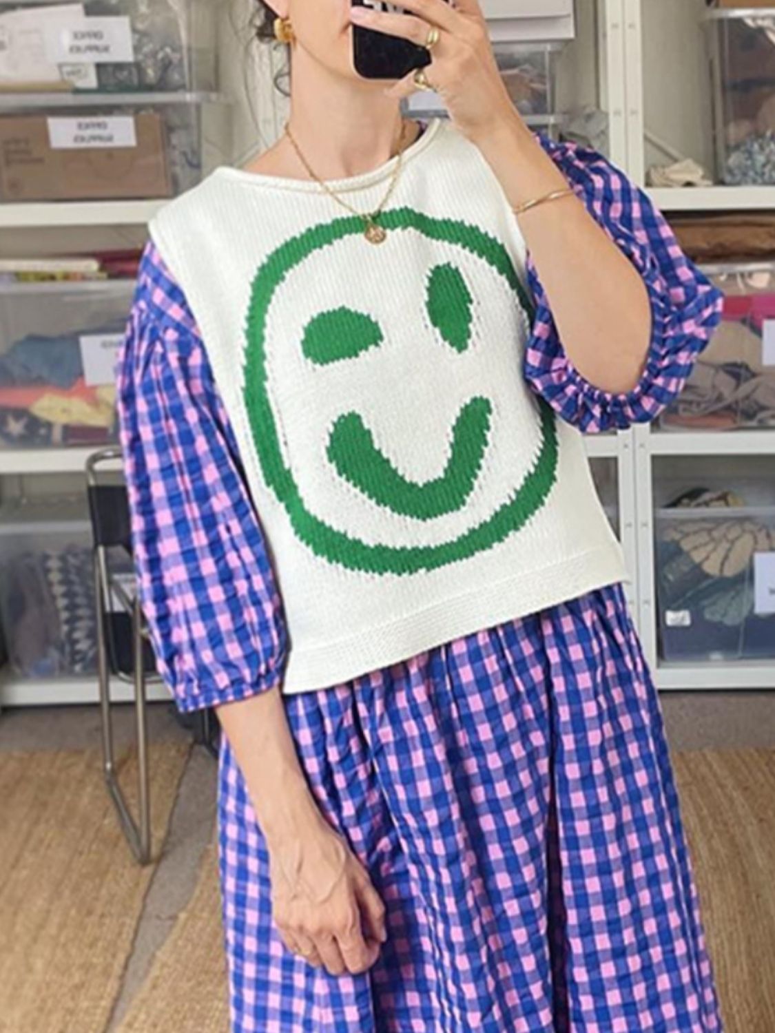 Smiley Round Neck Sweater Vest-Comfortable