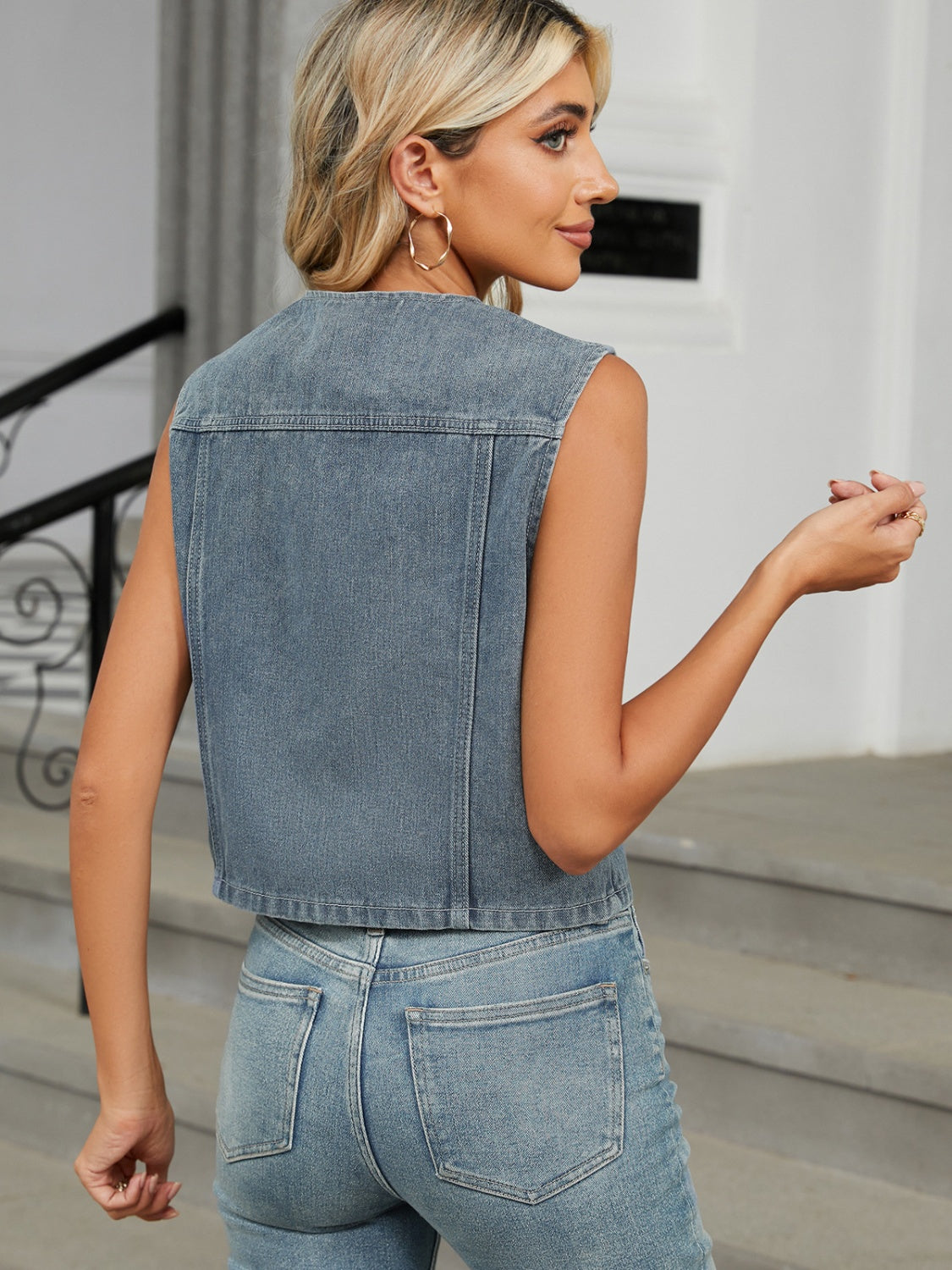 V-Neck Button Down Denim Vest-Casual-Fashion