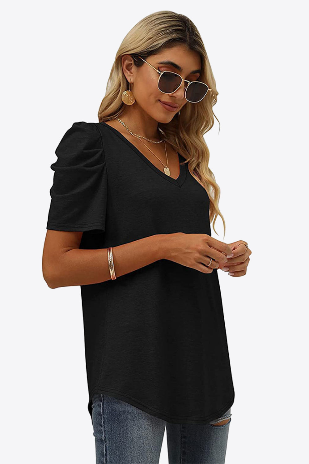 V-Neck Puff Sleeve Tee-Trendy-Comfortable