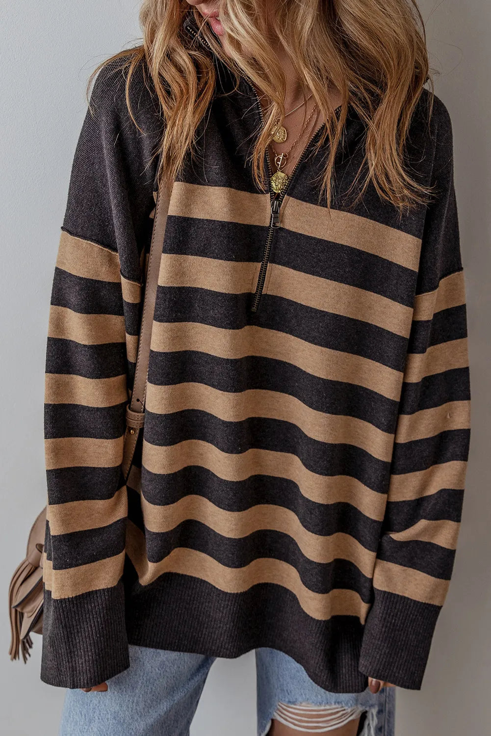 Striped Half Zip Long Sleeve Knit Casual Top