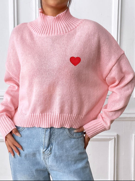 Heart Turtleneck Long Sleeve Sweater-Stylish