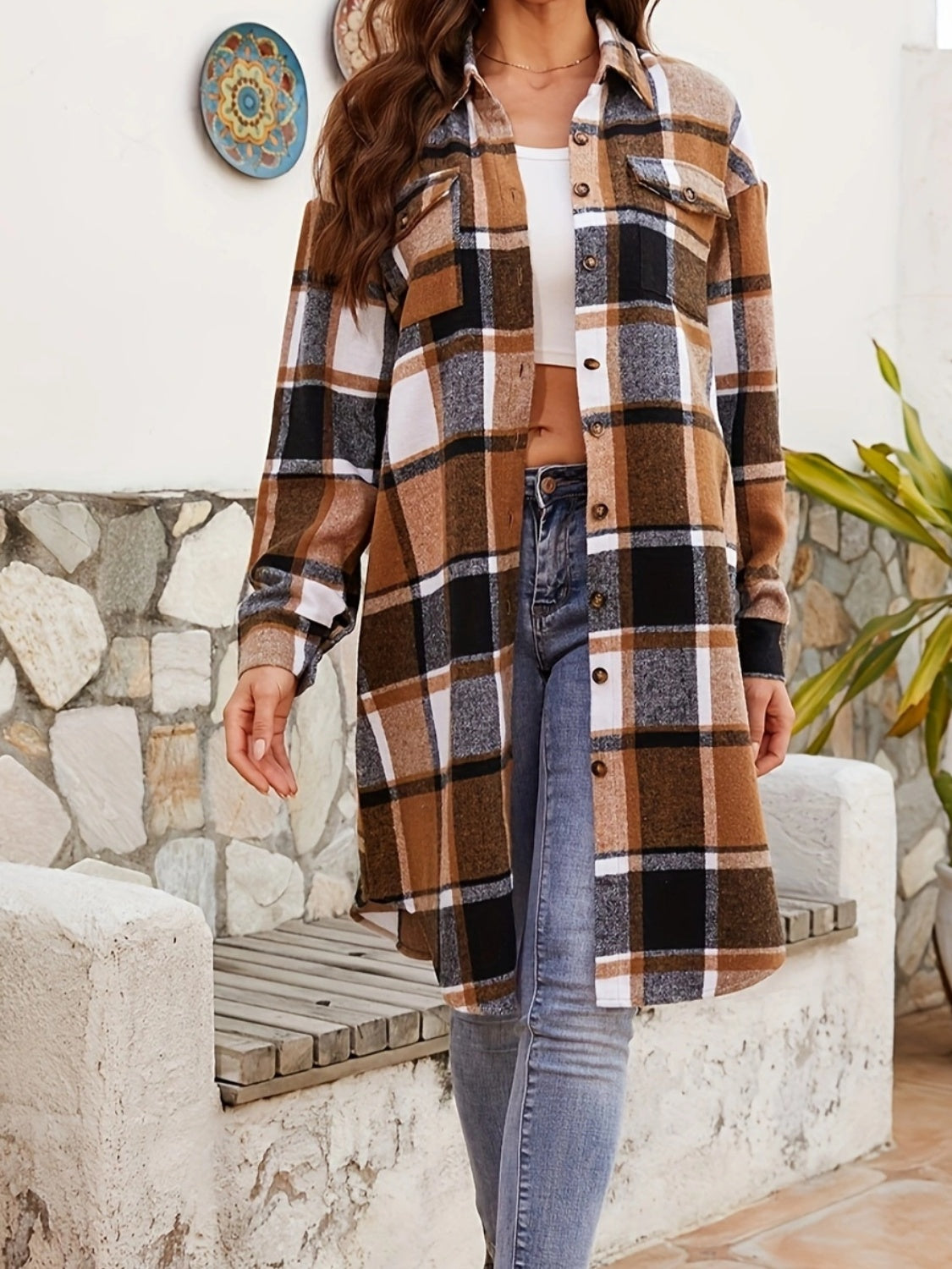 Plaid Collared Neck - Long Sleeve Jacket