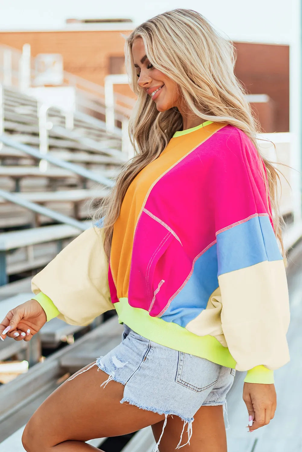 Color Block Round Neck Long Sleeve Top Trendy