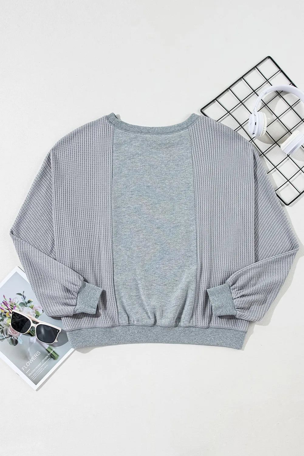 Waffle-Knit Round Neck Long Sleeve Top-Comfy