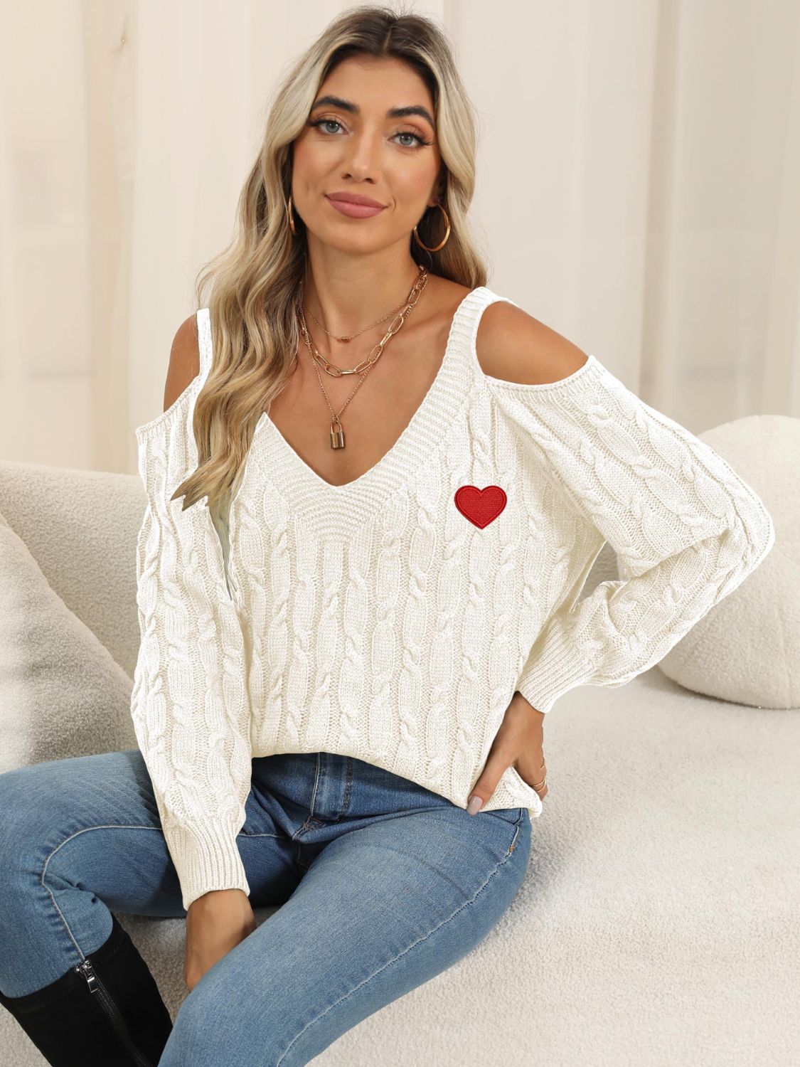 Cable-Knit Heart V-Neck Sweater-Comfortable