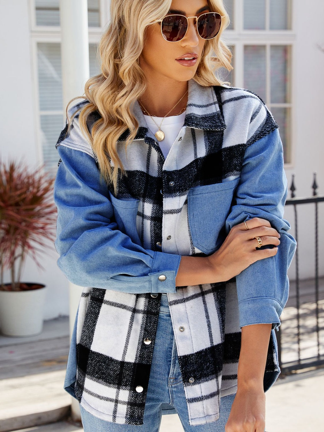 Pocketed Plaid Snap Down Denim Jacket-Trendy