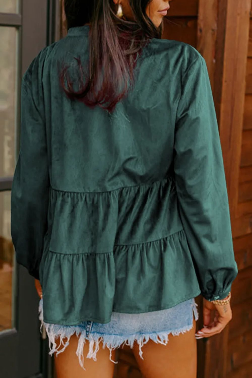 Peplum Round Neck Long Sleeve Shirt - Casual