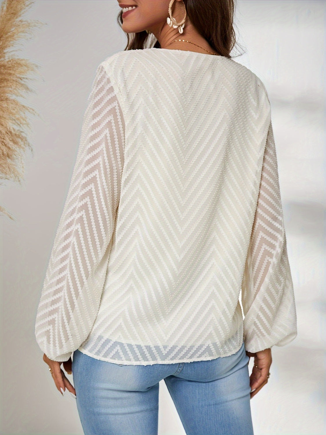 Textured V-Neck Balloon Sleeve Blouse-Stylish