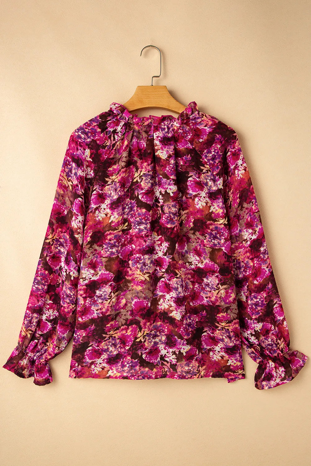 Printed Tie Neck Flounce Sleeve Blouse-Stylish