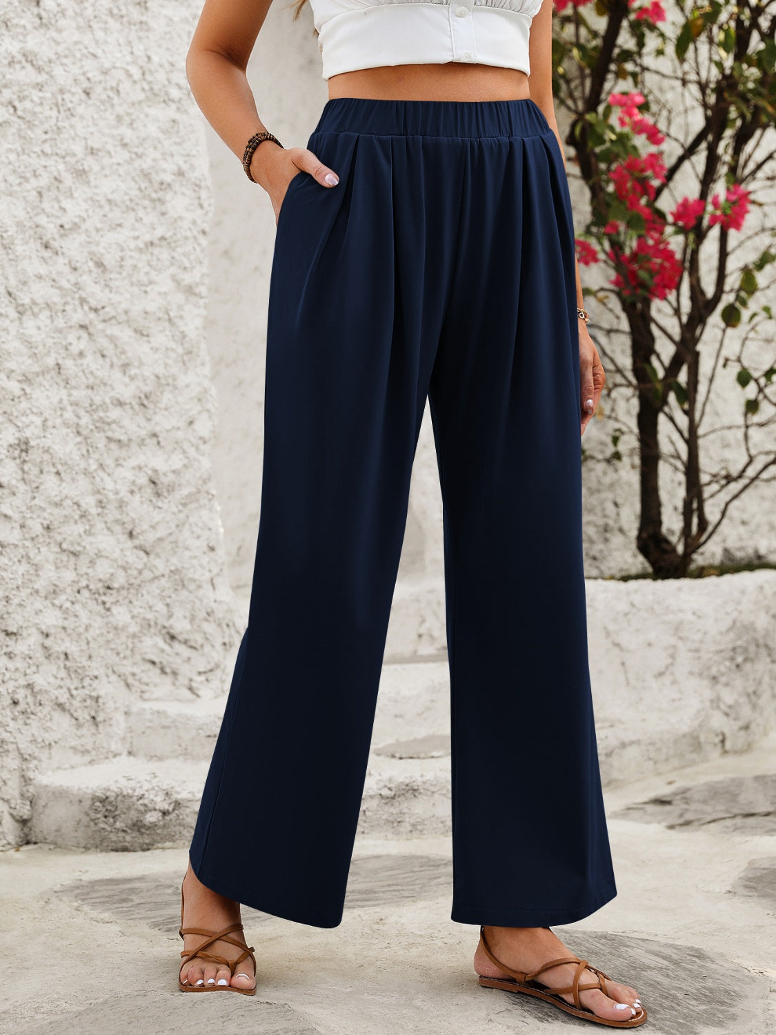Elastic Waist Wide Leg Pants-Trendy-Fashion