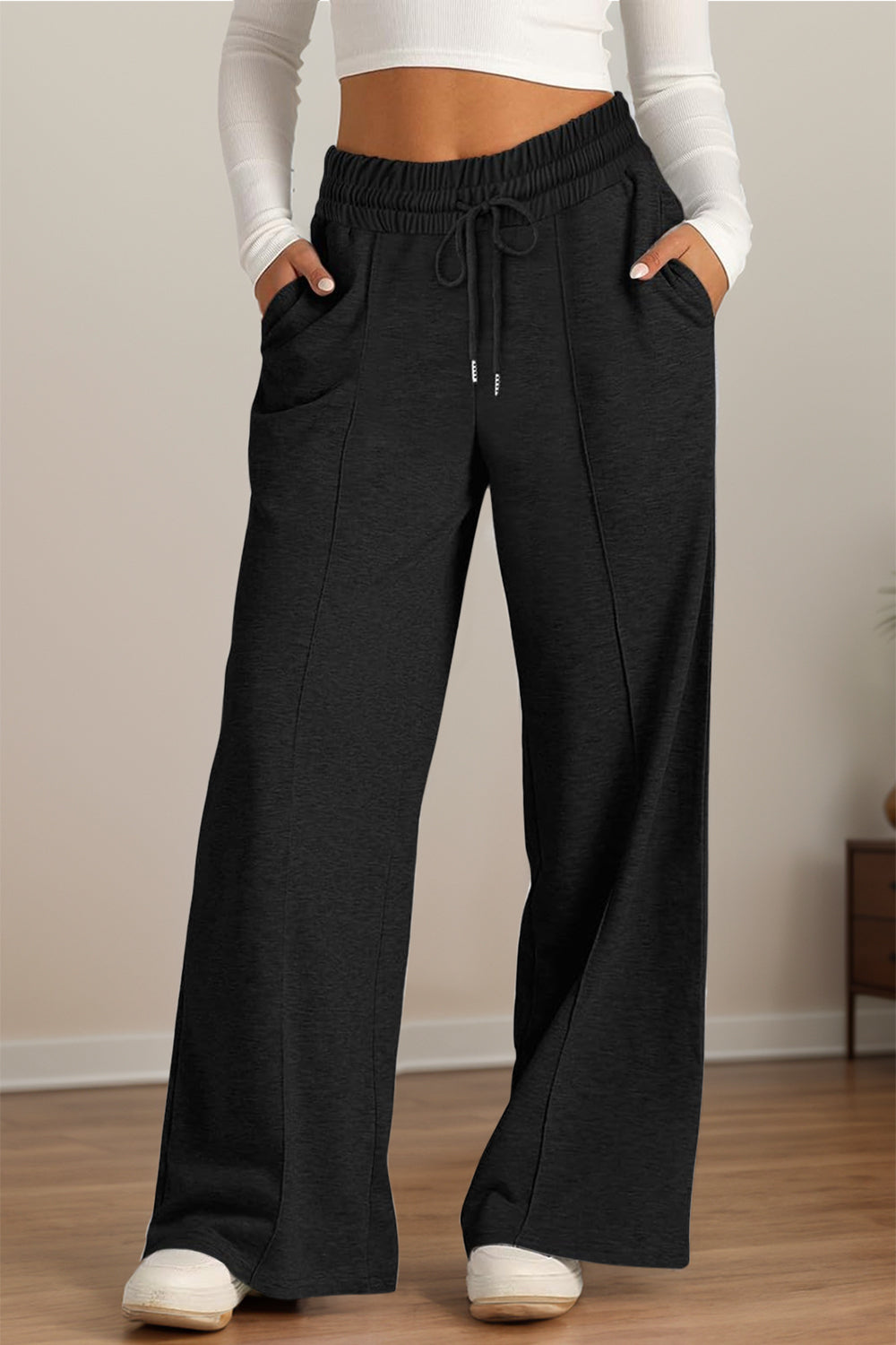 Drawstring Elastic Waist - Wide Leg Pants
