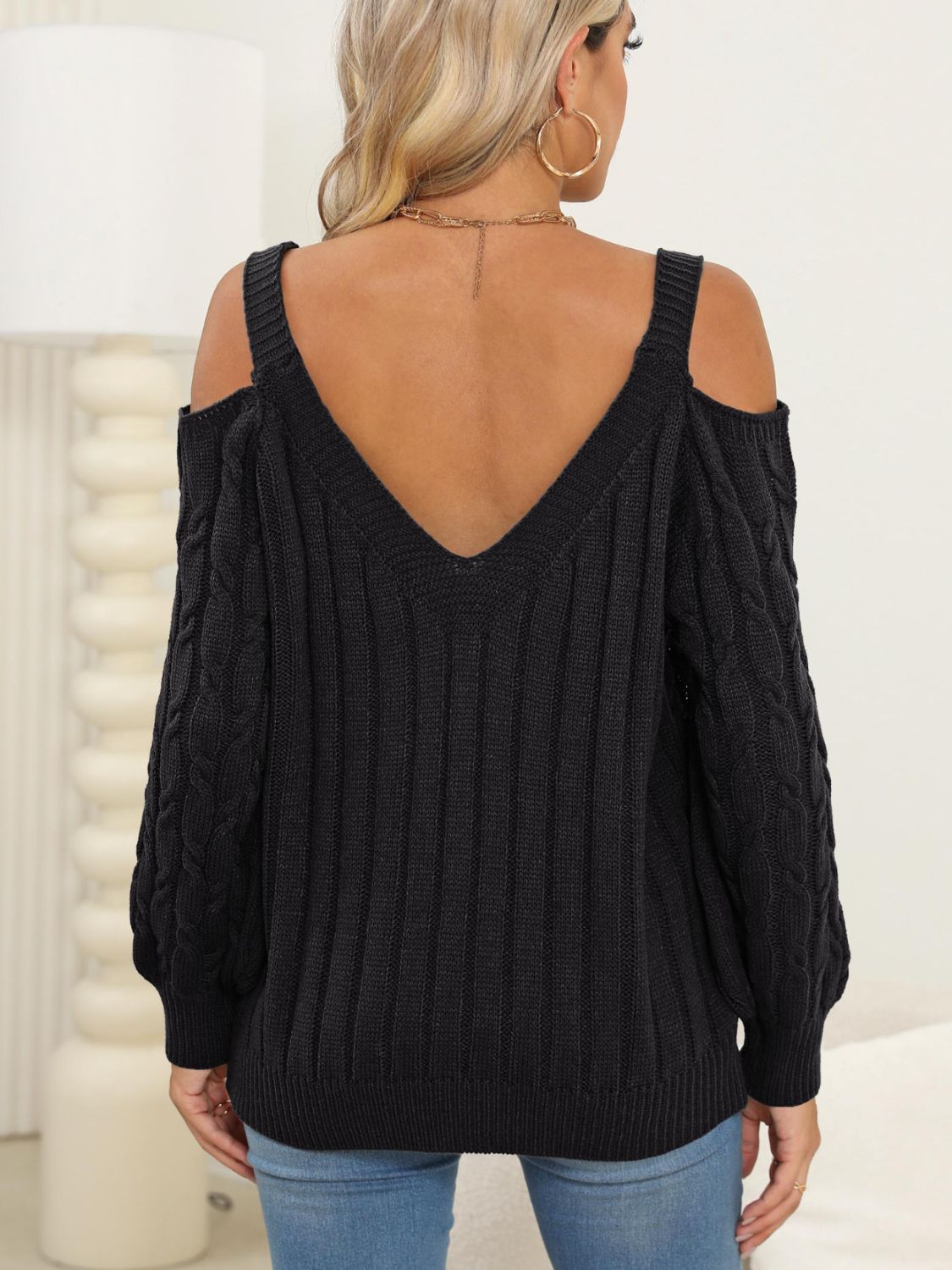 Cable-Knit Heart V-Neck Sweater-Comfortable