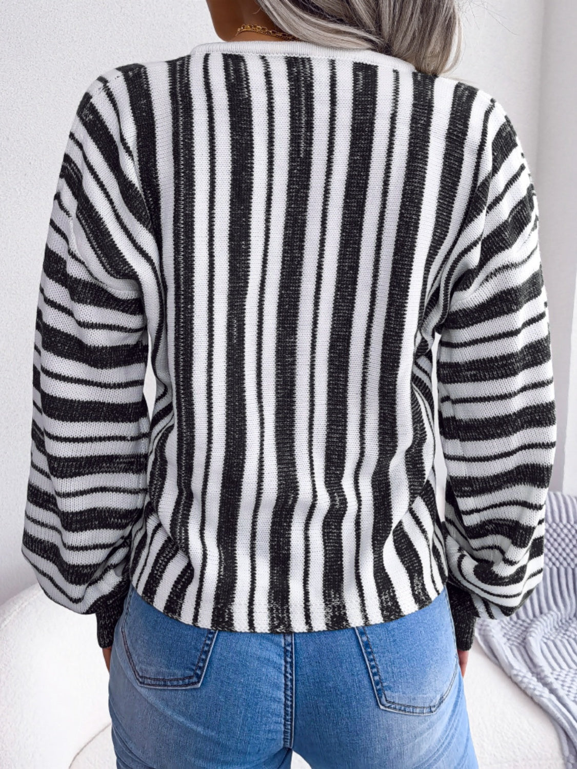 Striped Lace-Up Long Sleeve Sweater-Casual