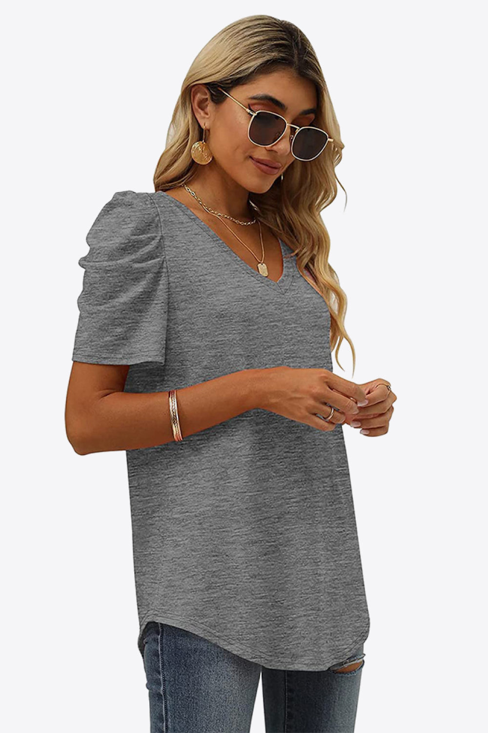 V-Neck Puff Sleeve Tee-Trendy-Comfortable