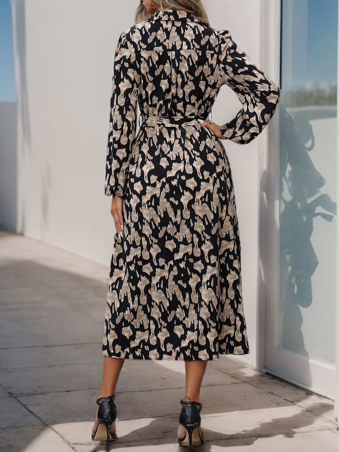 Perfee Printed Long Sleeve Midi Dress-Elegant