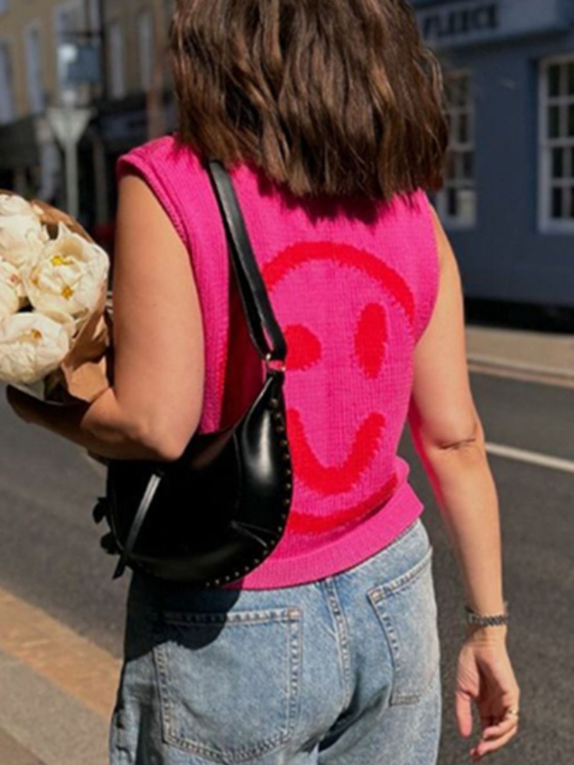 Smiley Round Neck Sweater Vest-Comfortable