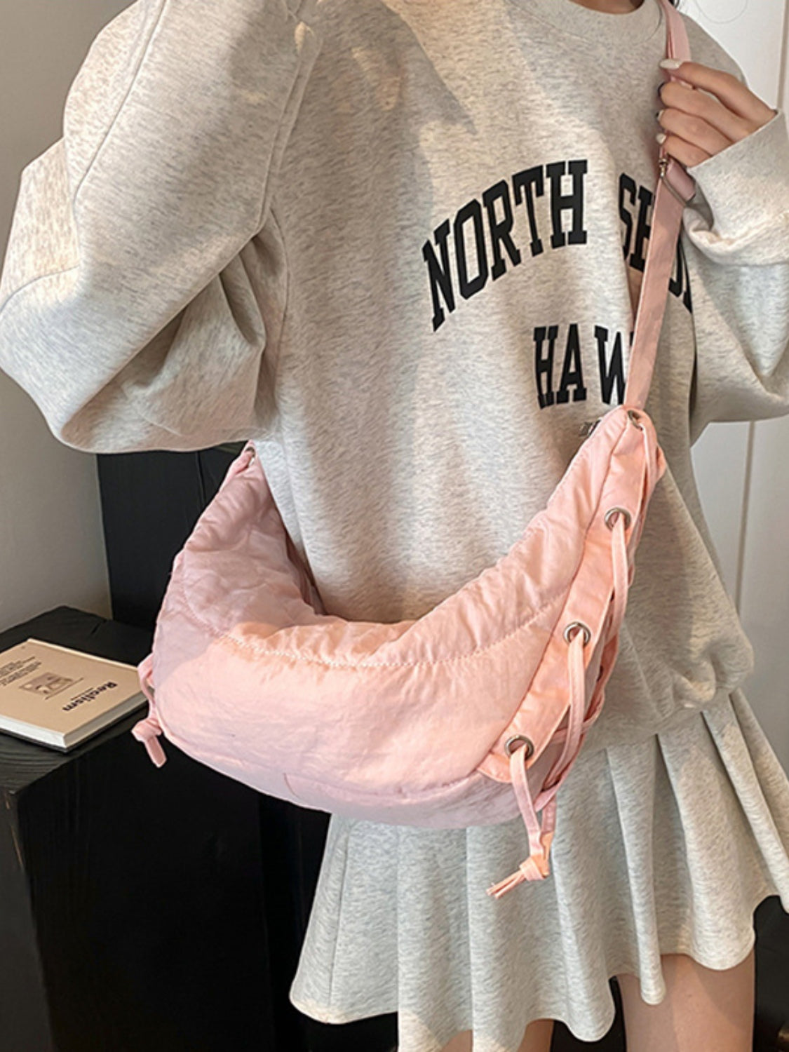Lace-Up Polyester Crossbody Bag-Adjustable