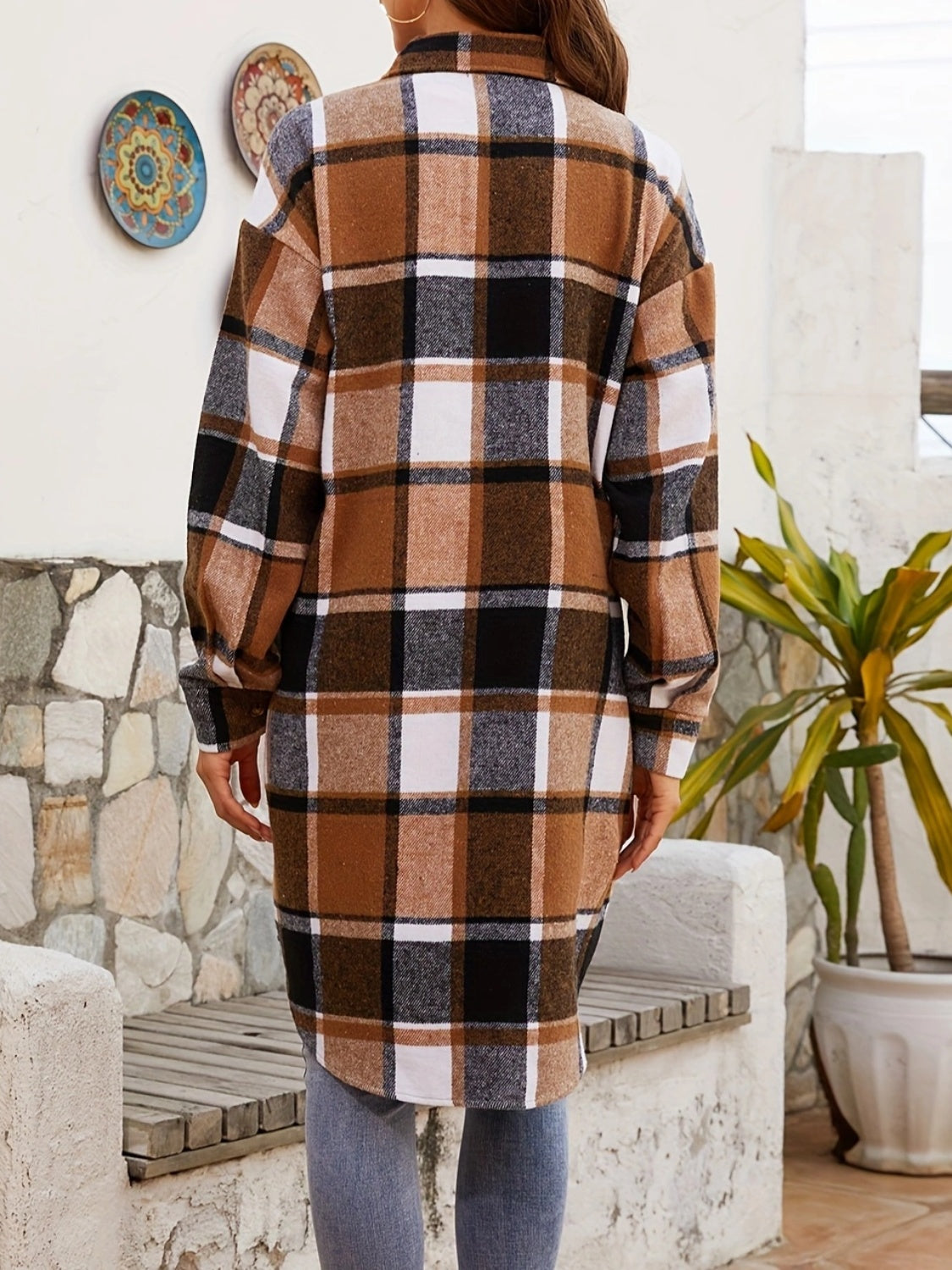 Plaid Collared Neck - Long Sleeve Jacket