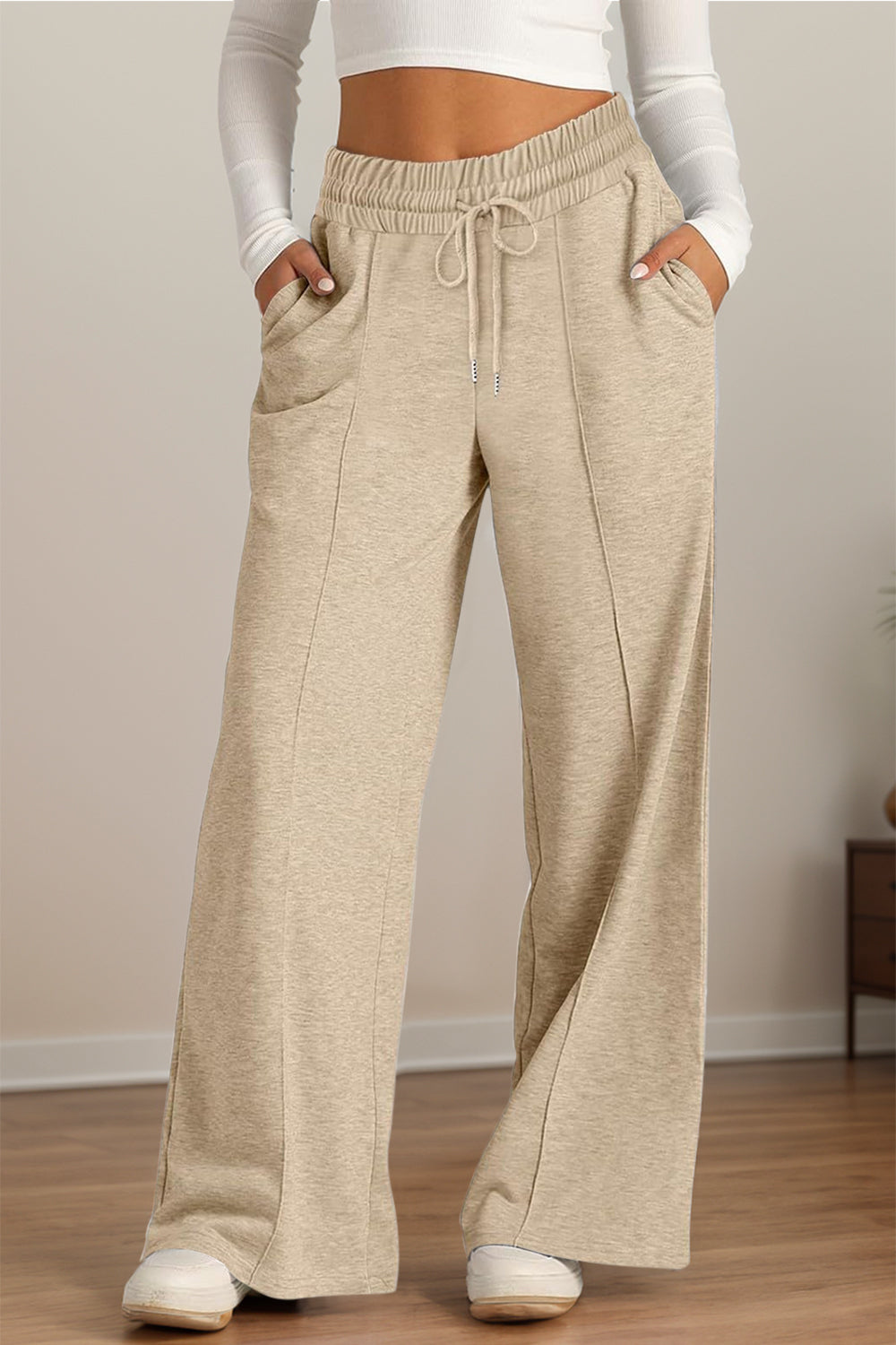 Drawstring Elastic Waist - Wide Leg Pants