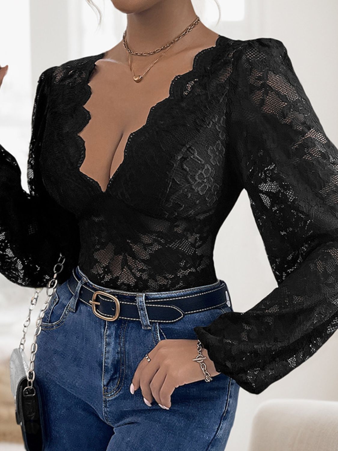 Perfee Lace Plunge - Long Sleeve Bodysuit