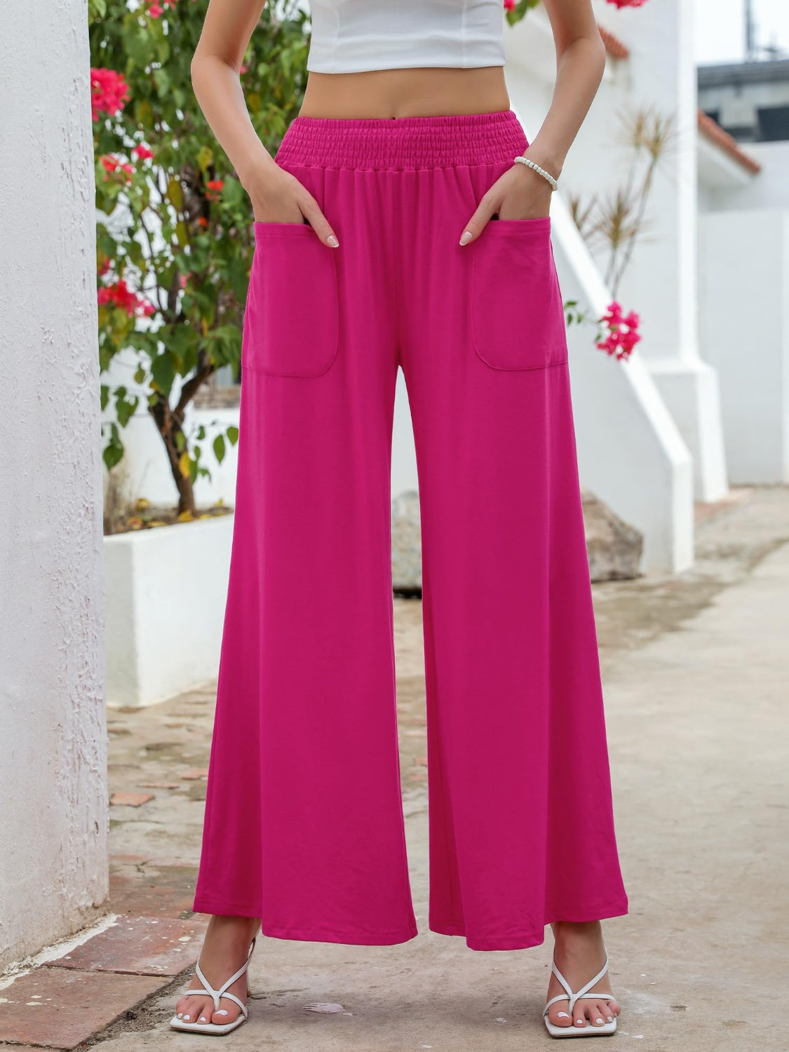 Pocketed Elastic Waist Wide Leg Pants-Comfort