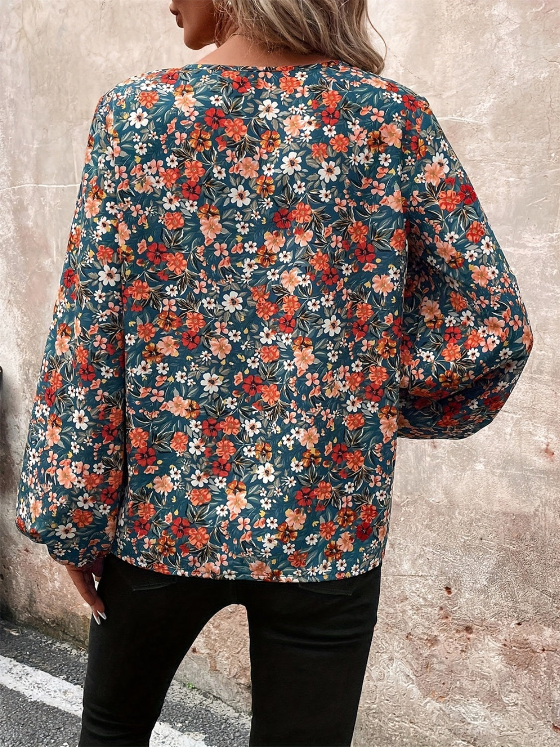 Printed V-Neck Balloon Sleeve Blouse Colorful