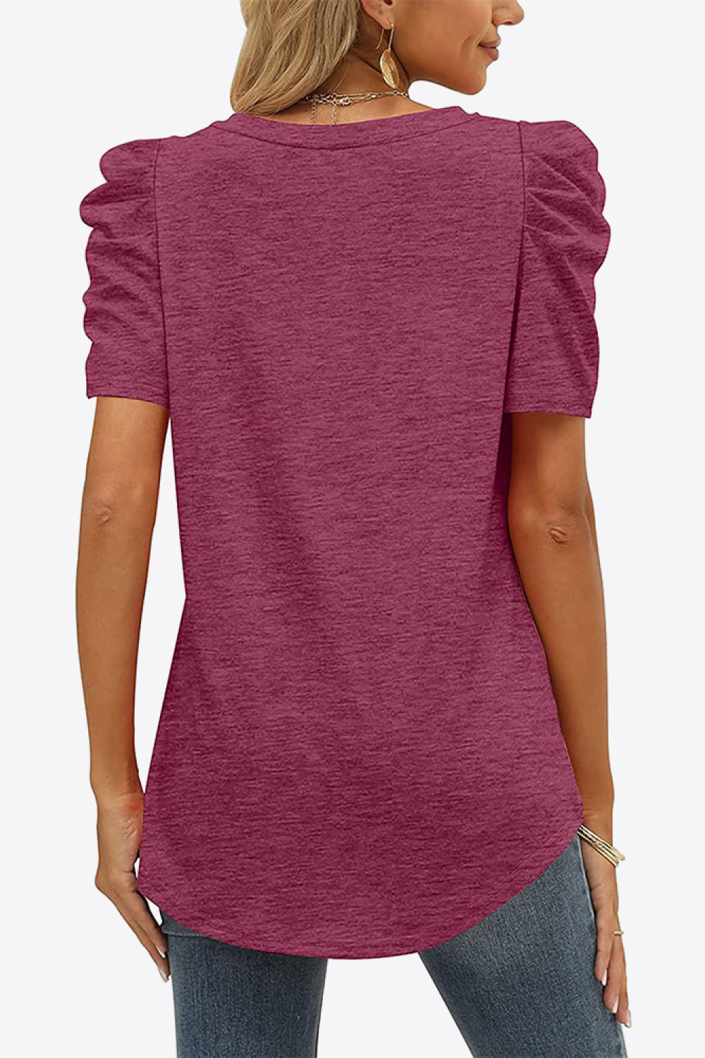 V-Neck Puff Sleeve Tee-Trendy-Comfortable
