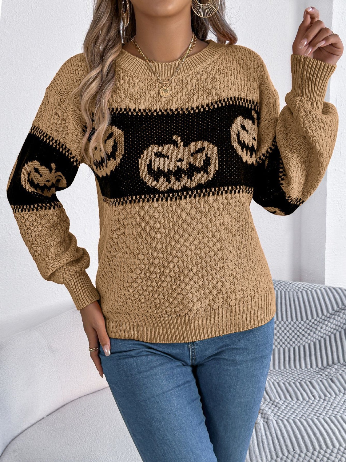 Pumpkin Round Neck- Long Sleeve -  Sweater