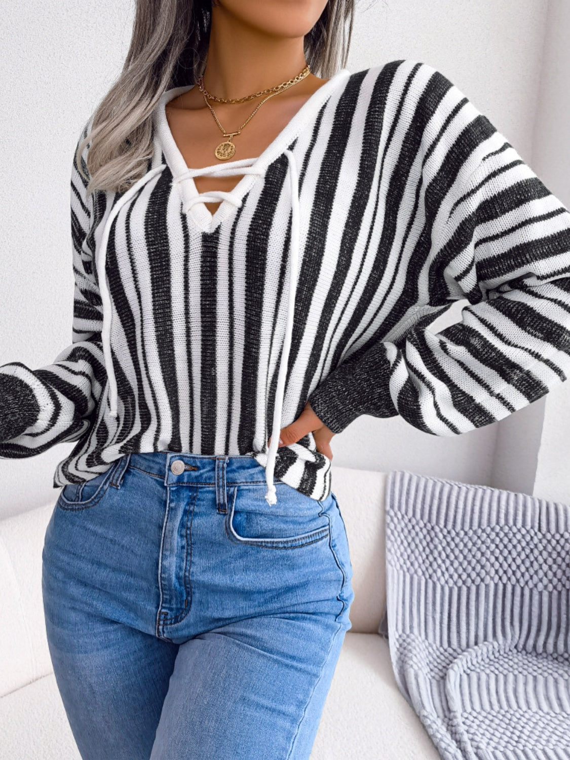 Striped Lace-Up Long Sleeve Sweater-Casual