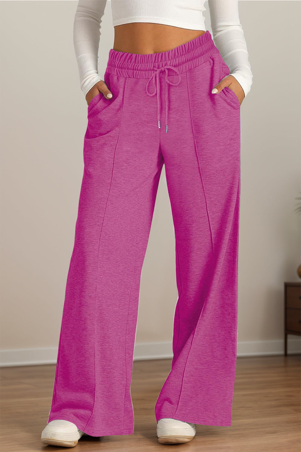 Drawstring Elastic Waist - Wide Leg Pants