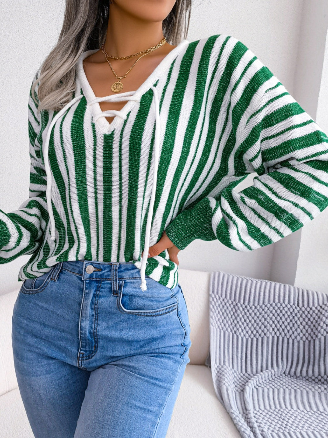 Striped Lace-Up Long Sleeve Sweater-Casual