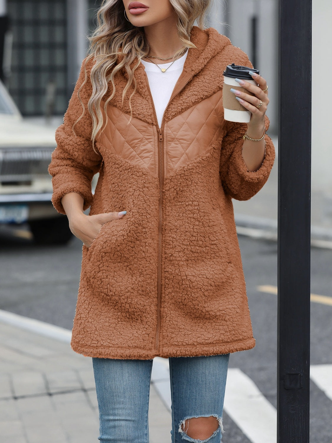 Fuzzy Zip Up Long Sleeve Hooded Jacket-Trendy
