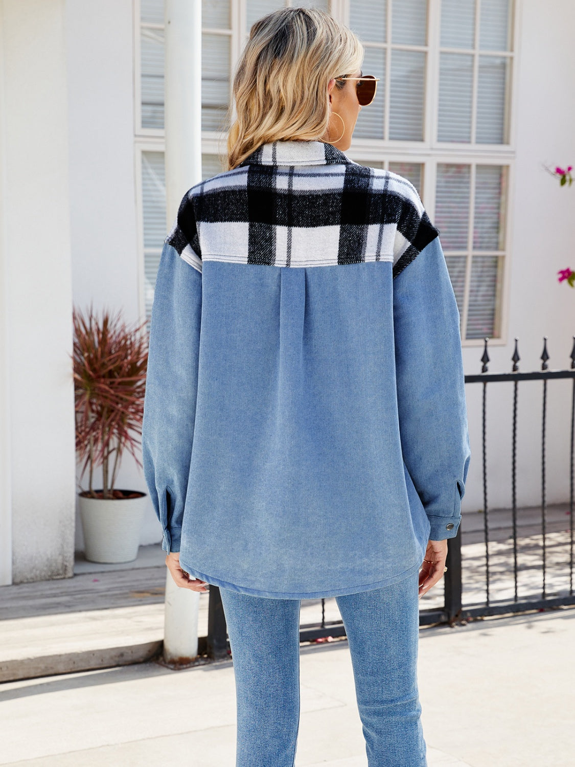 Pocketed Plaid Snap Down Denim Jacket-Trendy
