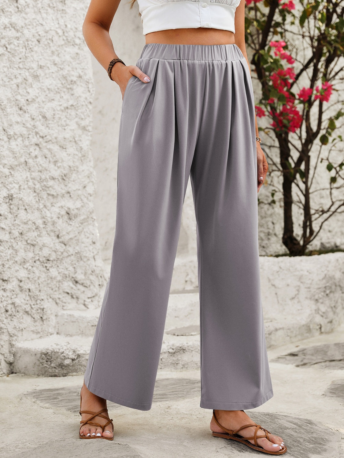 Elastic Waist Wide Leg Pants-Trendy-Fashion