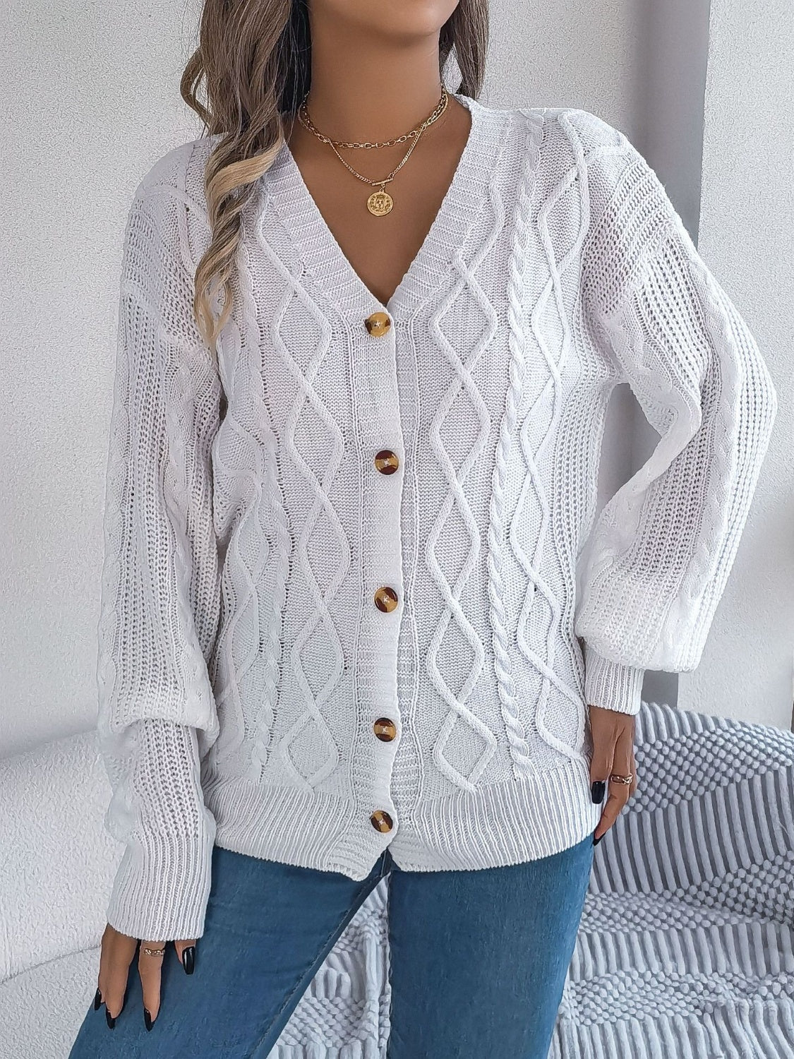 Cable-Knit Long Sleeve Cardigan - Stylish