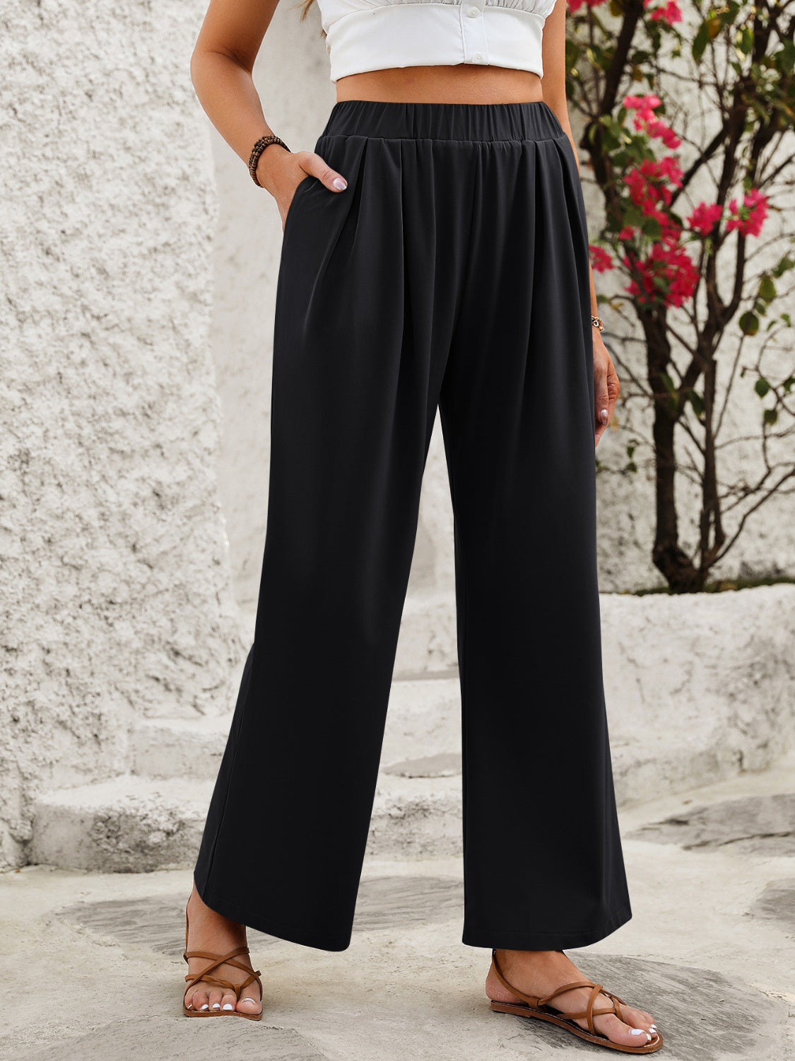 Elastic Waist Wide Leg Pants-Trendy-Fashion