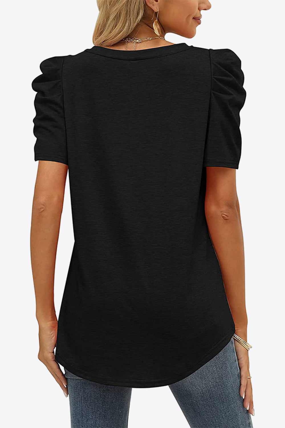 V-Neck Puff Sleeve Tee-Trendy-Comfortable