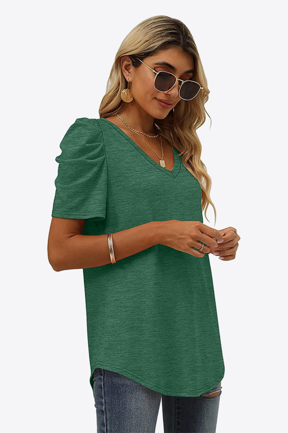 V-Neck Puff Sleeve Tee-Trendy-Comfortable