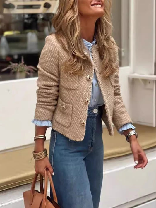 Raw Hem Pocketed Round Neck Jacket Stylish