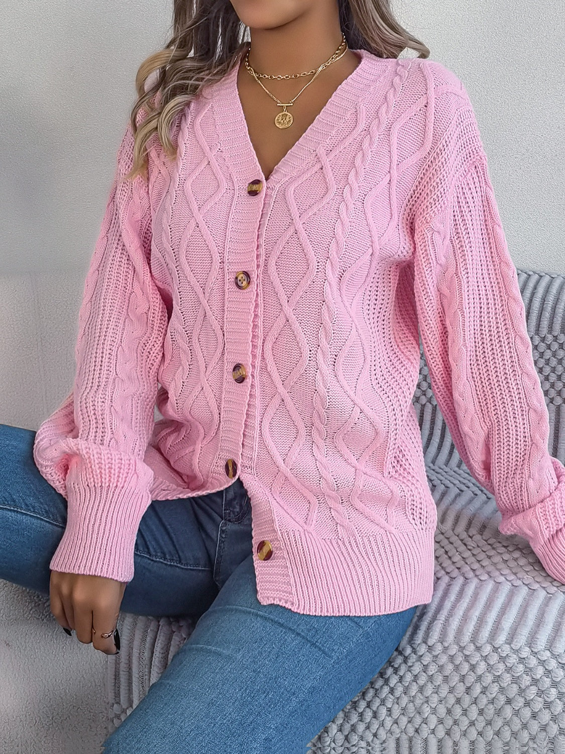 Cable-Knit Long Sleeve Cardigan - Stylish