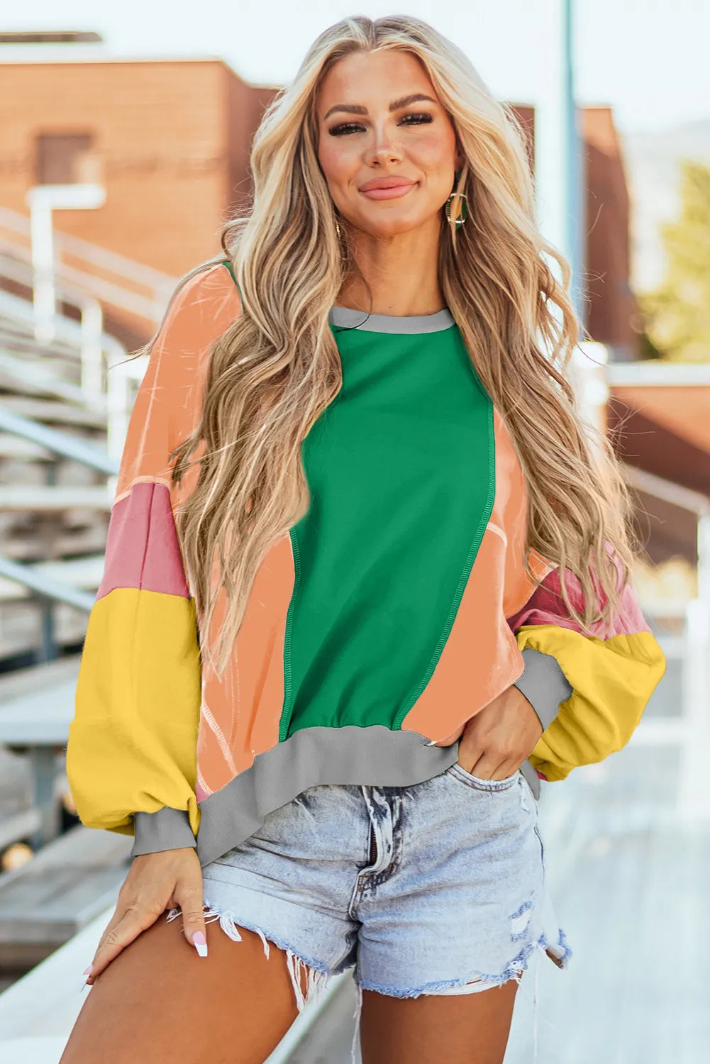 Color Block Round Neck Long Sleeve Top Trendy