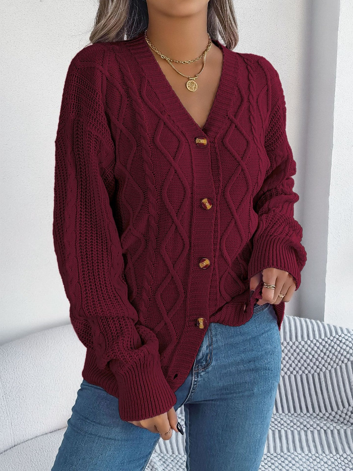 Cable-Knit Long Sleeve Cardigan - Stylish