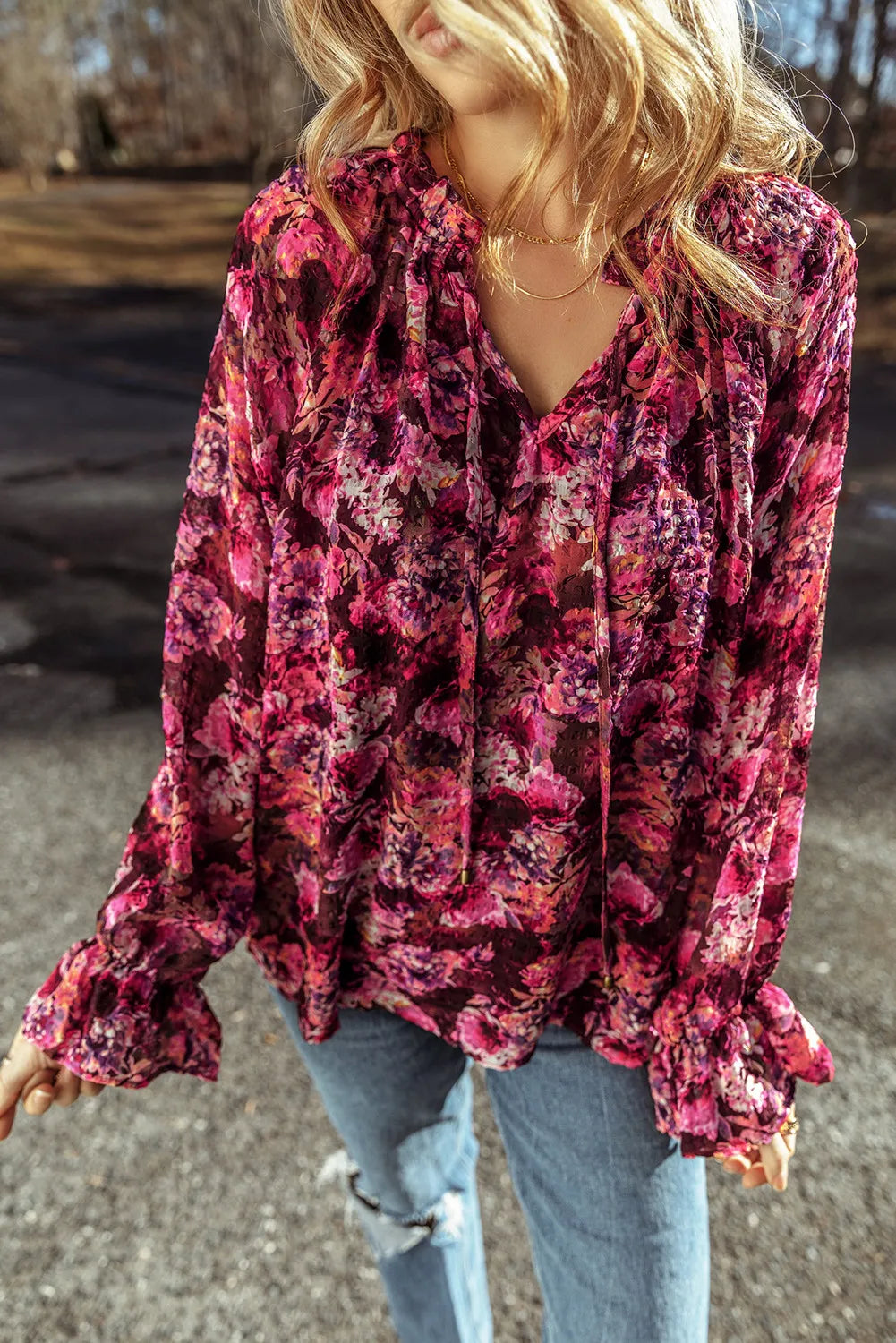 Printed Tie Neck Flounce Sleeve Blouse-Stylish